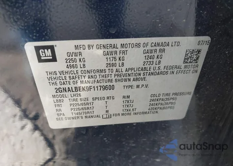2015 Chevrolet Equinox 1Lt from USA, damaged, VIN 2GNALBEK9F1179600